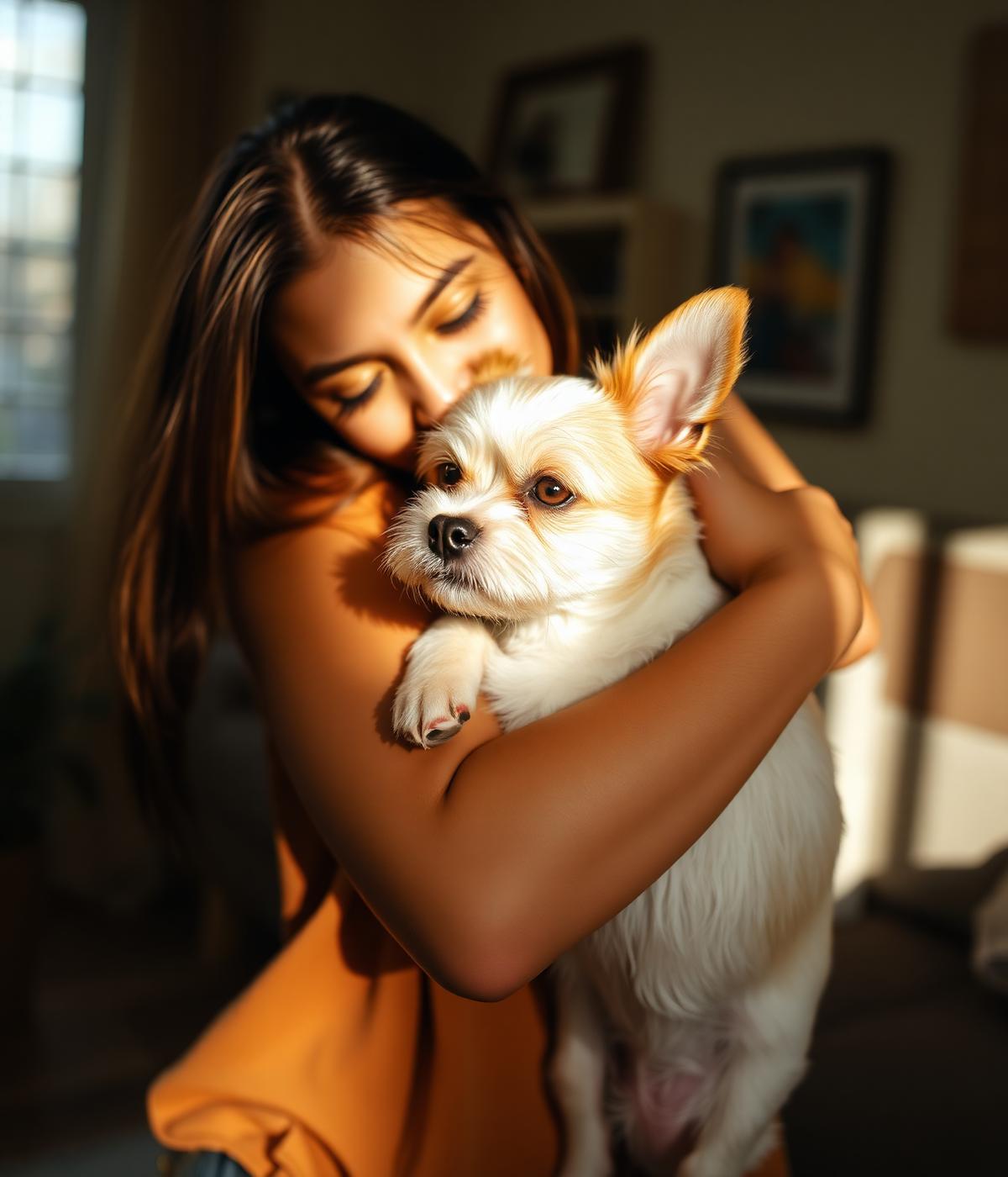 Persona abrazando con cariño a su perro en casa